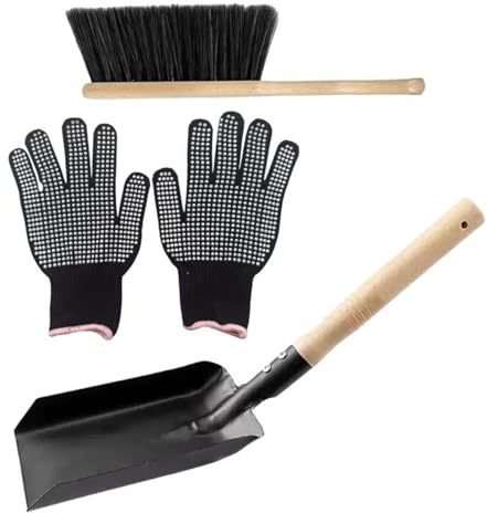Juego de 3 palas para chimenea con escoba y guantes, pala para cenizas de metal con mango de madera para hoguera, hogar, estufa de leña, escoba, cepillo, ceniza, F