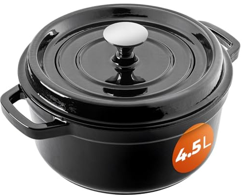 KADAX Gjutjärnsgryta 4,5 liter, Ø 23 cm, gryta av emaljerat gjutjärn, rund gryta med lock, gryta för bräsering, stekning, matlagning och bakning, stekpanna (svart)