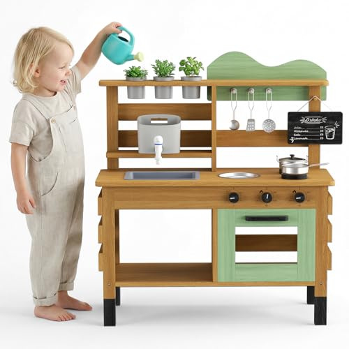 Mud Kitchen for Kids, Wooden Outdoor Play Kitchen with Real Faucet, Garden Toy Kitchen with Stainless Steel Cookware, Planting Pots & Watering Can, Sensory Learning Toy for Boys Girls Age 3-8
