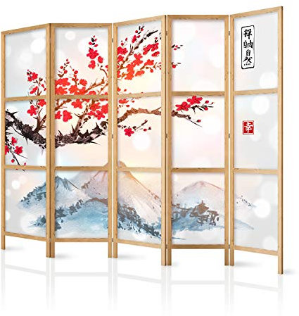 murando - Paravent Innen Raumteiler Holz Kirschblüte Gebirge 225x172 cm 5-teilig Japanische Trennwand Raumtrenner Room Divider Mobiler Sichtschutz Spanische Wand Raum Abtrennung Japan p-B-0002-z-c