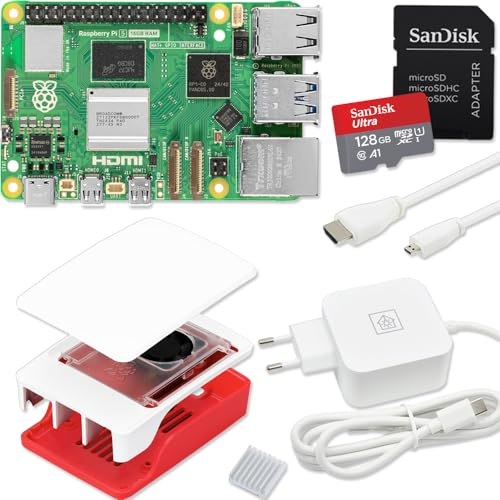 Raspberry Pi 5 Kit de démarrage 16 Go | 128 Go Ultra Edition | Bloc d'alimentation 45 W | Boîtier officiel avec ventilateur | Câble Micro HDMI 4K 1 m | Dissipateur thermique en aluminium