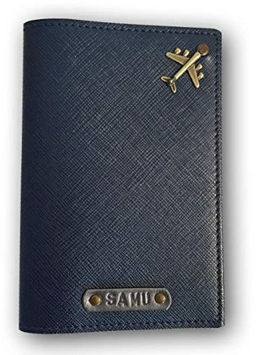 Nessis Manufactur Reisepasshülle personalisiert mit Namensgravur und Symbol, Namen, Reiseetui, Travelwallet, Dokumententasche, Ausweistasche (Dunkelblau Metallic)