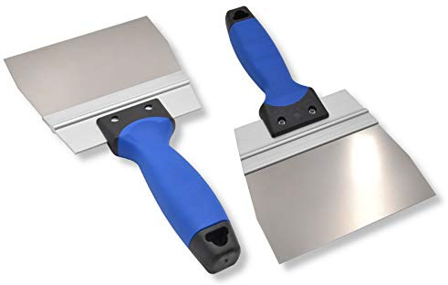 DEWEPRO 2er Set Breitspachtel 150 x 95 mm mit Edelstahlklinge – säurebeständig, rostfrei – 2K-Softgriff und stabiler Aluhalter – Fugenspachtel für Trockenbau, Renovierung und Flächenspachtelarbeiten