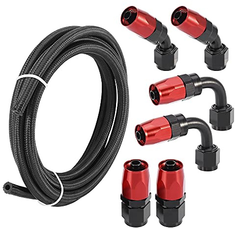 X AUTOHAUX Tuyau De Carburant Tressé CPE 10ft 3/8 Pour Système Carburant | Nylon, 10ft 300cm, 8mm 3/8 ID, 15mm OD, AN6, Raccord Droit 45° 90°, 6 Joints, Transmission, Moto, Haute Pression