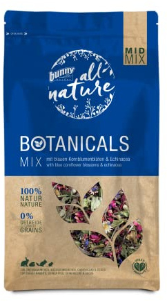 Bunny Nature BOTANICALS MID Mix – con fiori di fiordaliso blu e echinacea | 120 g | Mangime complementare per conigli nani, porcellini d'India, cincillà & Degus
