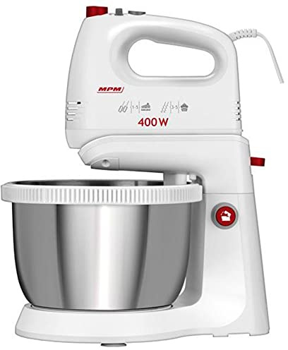 MPM MMR-21Z Batidora Amasadora Repostería con Bol Giratorio de 3,5 Litros, sin BPA, 5 Velocidades + Turbo, Recipiente Varillas y Gancho Amasar de Acero Inoxidable, Blanco, 400W
