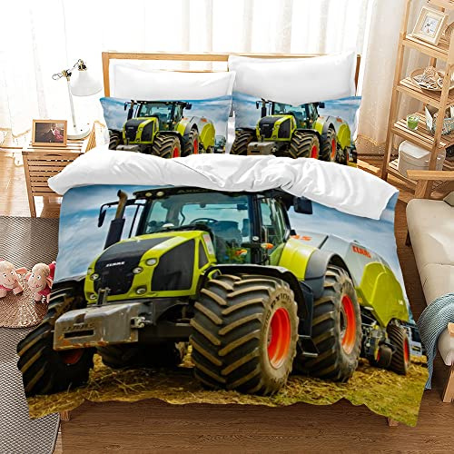 PQCXXA Traktor kinderbettwäsche 200x200cm,3-teilig Grün Traktor Bettwäsche-Set mit Reißverschluss und 2 Kissenbezug 65x65cm, für Kinder Jugendliche Jungen