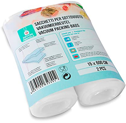 Rotoli Sottovuoto Sacchetti per Alimenti - Super Resistenti - Adatti a Tutte le Macchine Sottovuoto - Trasparenti - Cottura e Congelazione (2, 15x600)