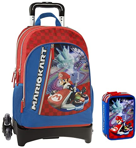 Schultrolley kompatibel mit Super Mario Kart mit abnehmbarem Rucksack + Federmäppchen 3 Etagen komplett + Schlüsselanhänger + Farbstift