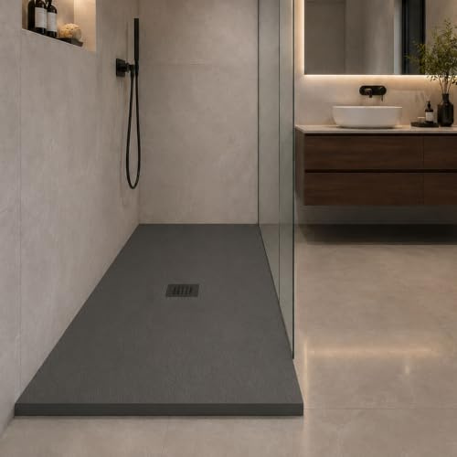 Yellowshop - Piatto doccia rettangolare in marmoresina base 70 cm h 2,5 cm HEAVY Antracite con sifone, piletta e copripiletta inox (70x140 cm)