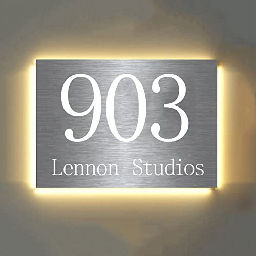 Plaque de numéro de maison, plaque d'adresse extérieure rétroéclairée à LED, éclairage de numéro de maison LED pour l'extérieur de maison cour rue maison, argent brossé, lumière blanche