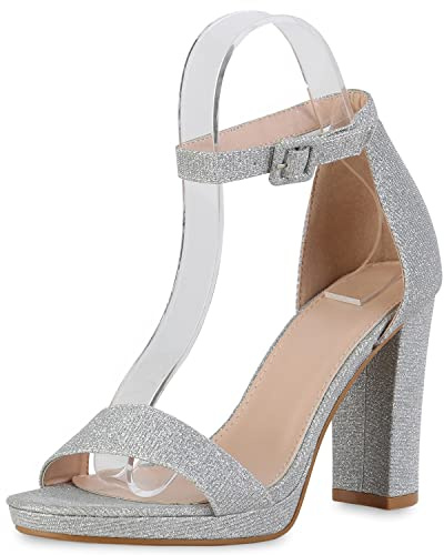 VAN HILL Damen Riemchensandaletten Sandaletten Party Blockabsatz Schuhe Glitzer Absatzschuhe Freizeit Riemchenschuhe 210119 Silber 41