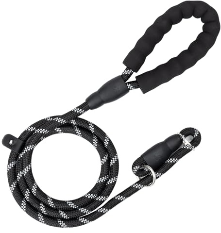 Rope Dog Lead - 1.5m Slip Lead with Soft Padded Handle, Reflective for Small to Large Dogs (Black)