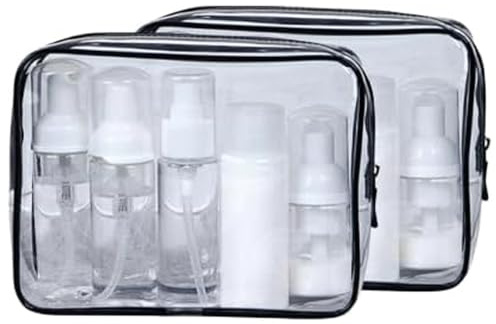 Transparente Reise Kulturbeutel Set GLAMZA® Reise Kulturbeutel 2er Set PVC Beutel für Damen & Herren - Ideales Waschbeutel-Set für Kosmetik, Make Up & Toilettenartikel, Schwarz , Transparent