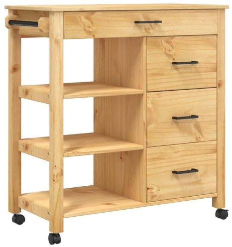 vidaXL Solid Wood Pine Kitchen Trolley Cart - Honey Wax Finish, Rolling Storage Organiser with Drawers/Shelves, 33.1 x 15.7 x 35.4