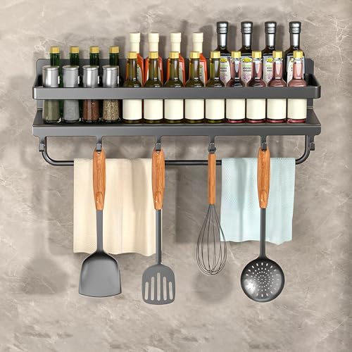 Frekibaz Gewürzregal ohne Bohren,Küchenregal wand,Gewürzregal Hängend Mit Küchenrollenhalter und 6 Haken,küchen organizer schublade,küchenutensilienhalter,40cm Grau
