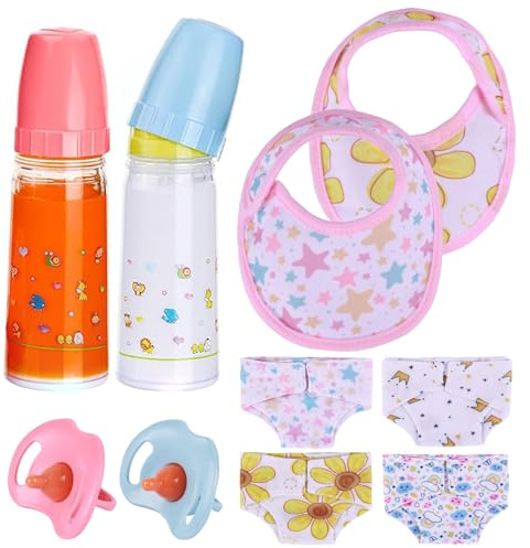BABESIDE Baby Doll Accessories Set - 10 Pcs Feeding and Caring Set for 12-15 Inches Dolls Including Bottles with Disappearing Milk, Pacifier, Bibs, Diapers, Pretend Play Accessories for Kids