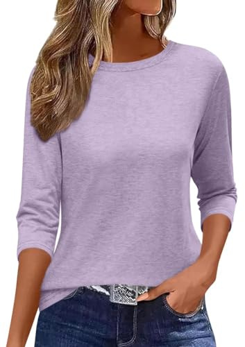 Minetom Camiseta de manga 3/4 para mujer, camiseta de verano, parte superior clásica, básica, informal, cuello redondo, blusa, A Lila, L