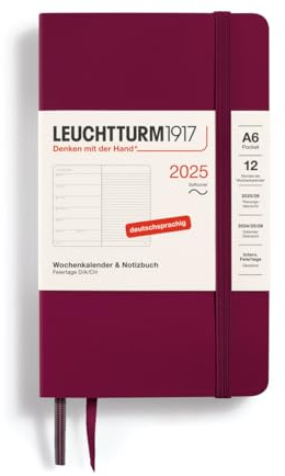 LEUCHTTURM1917 370529 Wochenkalender & Notizbuch Pocket (A6) 2025, Softcover, Port Red, Deutsch