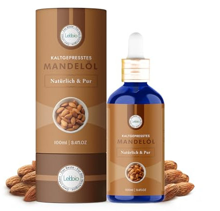 Lebbio Mandelöl [100% NATÜRLICH & KALTGEPRESST] Vegan, Gentechnikfrei, für Aromatherapie und als Basisöl für Massageöle, Mandelöl baby, Anti-Falten-Gesichtsöl, Schwangerschaftsstreifen