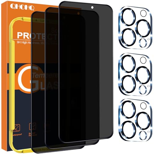 QHOHQ for iPhone 16 Pro Max Privacy Screen Protector + Camera Lens Protector, [Military Grade Shatterproof], Top 9H+ Anti Spy Glass, Full Edge Coverage, Ultra Durable,with Installation Tool [3+3 Pack]