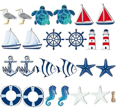 Glamifyr 24 Stücke Maritime Deko,Maritime Dekoration Deko Maritim Maritime Deko Zum Aufhängen,Maritime Deko Outdoor Rettungsring Fisch Leuchtturm Steuerrad für Wanddekorationen Im Strand Küstenmotiv