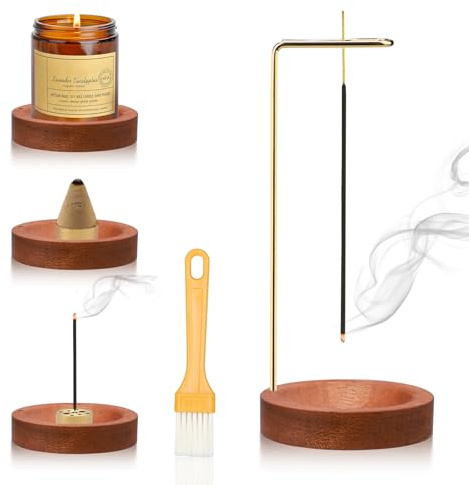 Räucherstäbchen Halter, 3-in-1 Handgefertigte Holz Basis Halterung,Rotbraun | Modernes Design mit Kegel Spule, 9 Loch Incense Holder Räuchergefäß für Home Office Yoga Meditation Zimmer deko