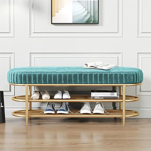 Luxuriöses Schuhregal aus Metall, mit Samtsitz für Eingangsbereich, Aufbewahrung und Dekoration, stilvolle Polsterbank, Ottomane für Wohnzimmer, 78,7 x 33 x 48,3 cm, Blau