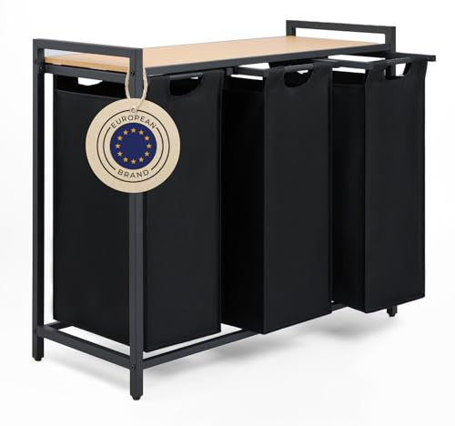 Blumtal Wäschesammler 3 Fächer Schwarz - Wäschekorb mit Ablage in Bambus-Optik - Wäscheschrank mit Metall-Rahmen in Schwarz - Wäschekorb mit Beinen - Wäschesortierer 3 Fächer/Schmutzwäschebehälter
