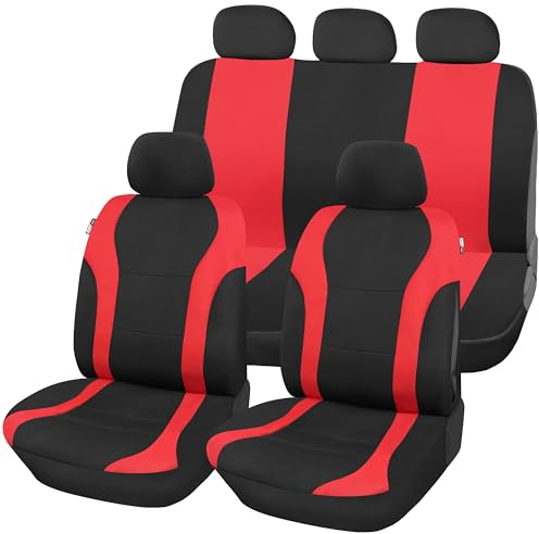 Upgrade4cars Autositzbezüge Set Universal Rot | Auto-Schonbezüge Vordersitze & Rückbank | Autositzbezug Schwarz | Autozubehör Innenraum | Geschenke für Frauen und Männer