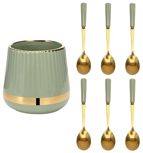 6PCS Coffee Spoons with Ceramic Jar Holder, Small Stainless Steel Gold Tea Spoons, Mini Dessert Spoons Set for Fruit, Stirring, Mixing, Sugar, Ice Cream, Cake (Light Green)