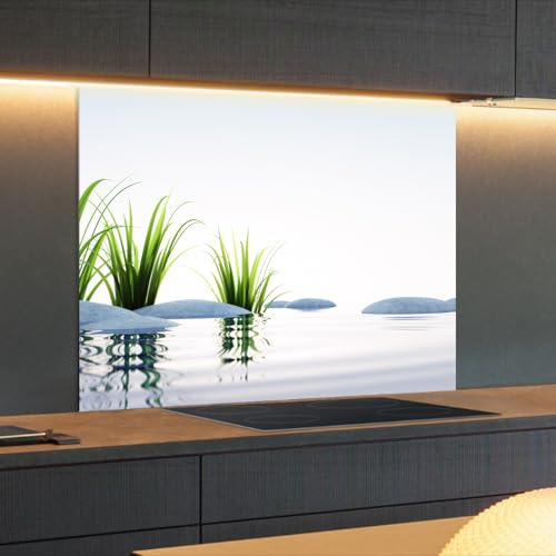 Spritzschutz Küchenrückwand Alu Matt 60 x 50 x 0,3 cm Steine und Gras im See Querformat, Küchenwand Wandschutz, Herd Spritzschutz, Rückwand Küche, Pfannenspritzschutz - RUECKWAND24