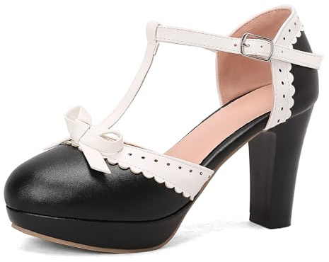 Gicoiz Bow Mary Jane Women Block High Heels Sandals Closed Toe Lovely Ankle Strap Wedding T Bar Platform Party Shoes Black Size 8-43