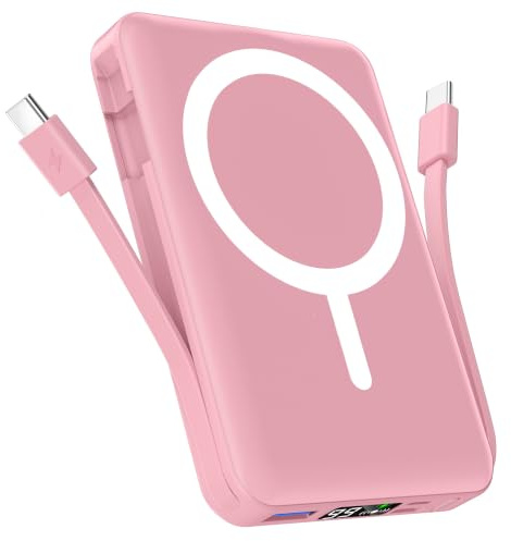 Podoru Batterie Externe avec MagSafe, 10000mAh Magnetique Power Bank | Deux Câbles USB-C Intégrés, 20W PD Charge Rapide, Affichage LED, Powerbank sans Fil pour iPhone 17/16/15/14/13/12 Séries
