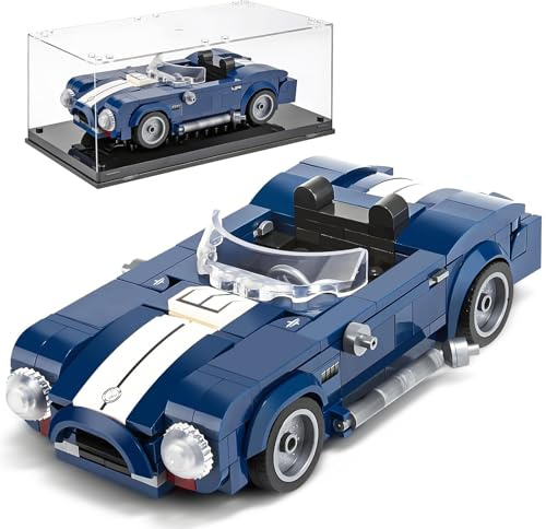HIGH GODO Auto Klemmbausteine Bausatz, Speed Champion Qldtimer AC Cobra Deko Modell, 324 Teile mit mit Acryl-Vitrine zum Sammeln Sportwagen Geschenke