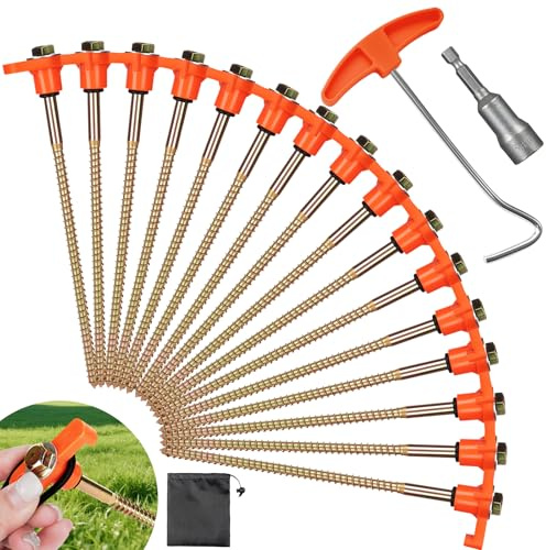 KIMIGO 16x Picchetti per Tenda,Picchetti Campeggio con Filettatura,Chiodi da Terra in Acciaio Avvitamento con Tirachiodi e Punta per Terreni Duri,Foresta,Erba,Campeggio(Colore Arancione)