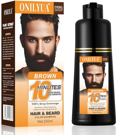 Men’s Brown Beard Dye for Men, 3 in 1 Dark Brown Hair Dye Shampoo for Grey Facial Hair Coverage, 10 Mins Instant Color for Beard, Mustache & Hair, Long-Lasting Beard Color With Natural Extract, 200ML