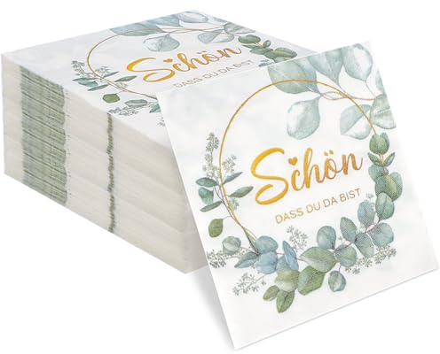 60 Stück Komoke Servietten Schön dass du da bist in eukalyptus grün | 3-lagige Papierservietten 32x32 cm | Für Geburtstag, Hochzeit, Taufe & Kommunion | Elegante Tischdeko mit Blattmuster | Salbeigrün
