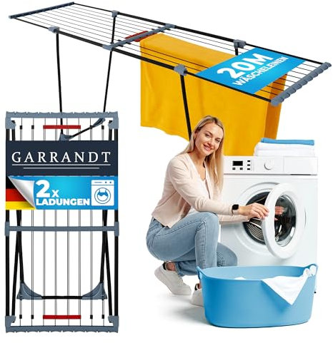 Garrandt Séchoir à linge extensible XXL, surface de séchage 20 m, stable, peu encombrant, avec pinces, support pour linge domestique, noir (Phoenix noir)