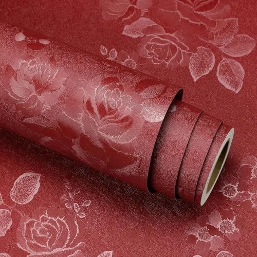 Stickyart Klebefolie Möbel Vintage Retro Rot 30cmx400cm Möbelfolie Selbstklebend Rot Blumentapete Tapete Blumen Floral Wand Tapeten Schlafzimmer Klebetapete Wohnzimmer Wandtapete Wasserdicht