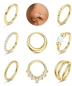 ADRAMATA 8Pcs Nose Rings Surgical Steel Septum Ring Hypoallergenic Clicker Nose Piercing Hoop Lip Ring Cartilage Earrings Hoop Conch Tragus Helix Piercing Jewellery Gold/Silver
