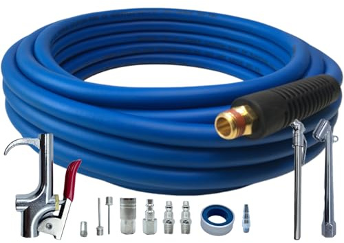 Air Hose 1/4 in x 30 ft, Hybrid Air Compressor Hose Kit with 1/4 in NPT Male Threads, 13 Piece Air Tool & Air Compressor Accessories Kit, Bend Restrictors, 300 PSI (Blue, 30FT-13 Pieces)