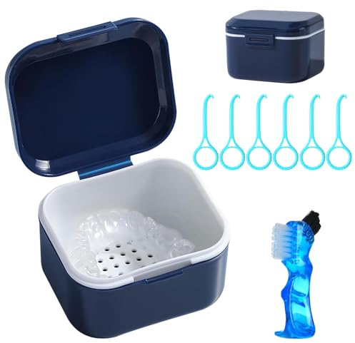 Set di 8 pezzi per protesi dentali, scatola a doppio strato, con spazzola per protesi, 6 rimozioni, impermeabile, portatile, scatola per la pulizia delle parentesi graffe invisibili, blu