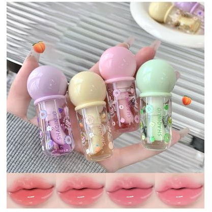 Set Di 4 Lucidalabbra Idratanti, Set Di Lucidalabbra Al Gusto Di Frutta, Lipgloss Brillante, Gelatina per Labbra Carina Lucidalabbra per donne, Regalo per Feste, Trucco Non Tossico