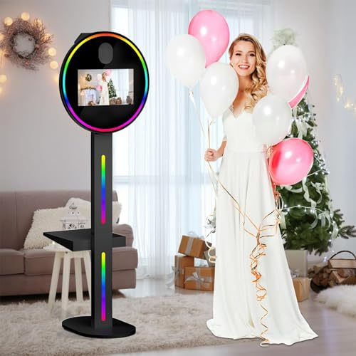 DSLR Photo Booth Machines, 15.6 Inch Touch Screen & RGB Light Box & Flight Case & APP/Remote Control, Instant Printing Selfie Photobooth, for Events Wedding Rental Black