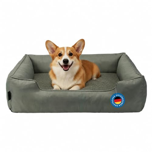 Zedelmaier ergonomisches Hundebett für kleine Hunde, M, 76×56cm, Olivgrün | Hundekörbchen waschbar, Bezug abnehmbar, extradicke Matratze, hoher kratzfester Rand, Hundekorb oben und seitlich wasserdicht