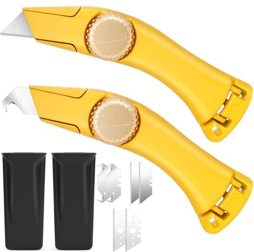lizenoz 2-Pack Heavy Duty Roofing Knife Fixed Blade - Safety Yellow Utility Knife with Holster & Hook Blades - High-Vis Aluminum Carpet, Drywall & Shingle Cutter Tool with Thumb Wheel