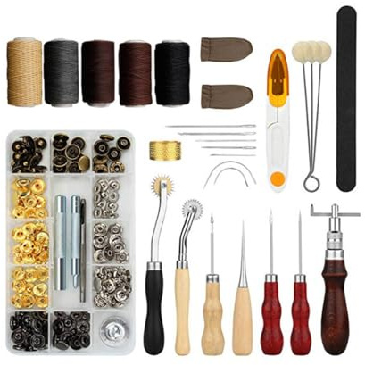Leather Craft Tools Kit, 28-Piece Heavy-Duty Leather Working Set with Carbon Steel Construction, Waxed Thread, Snap Fasteners, Stitching Needles and Pricking Irons