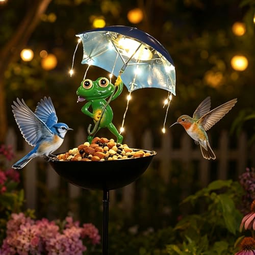 Grenouille décorative solaire de jardin – Mangeoire résistante aux intempéries avec guirlandes lumineuses étanches, figurine de grenouille amusante avec parapluie, figurines de jardin pour l'extérieur
