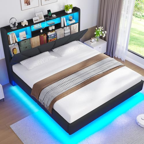 Brinlawb 4ft6 Floating Double Bed Frame with LED Lights & Charging Station (2 AC Sockets, 1 USB-A, 1 USB-C Port) Upholstered Headboard, Openable Backrest Design with Hidden Storage Compartment, Grey